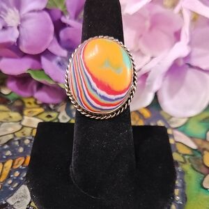 Rainbow Calsilica 925 Silver Ring - Size 7 1/2